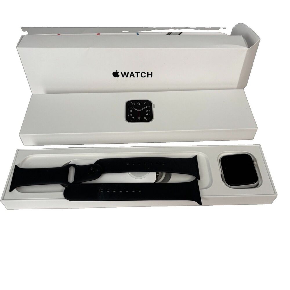 Apple Watch SE 1st Generation 44mm Silver Aluminum Case Navy Sport Band A2354